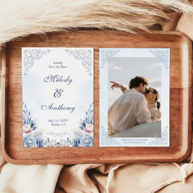 Save The Date Fleurs Bleu Poussiéreux Mariage Épargnez la Date (Créateur téléchargé)