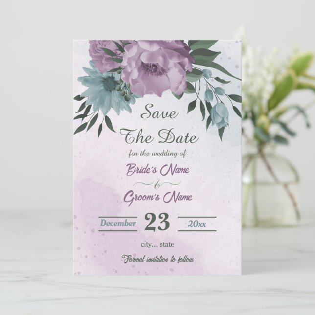 Save The Date fleurs bleu violet botanique (Debout devant)