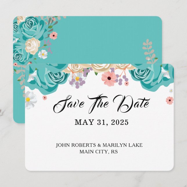 Save The Date Fleurs Bleues Élégantes Mariage Botanique Personna (Devant / Derrière)