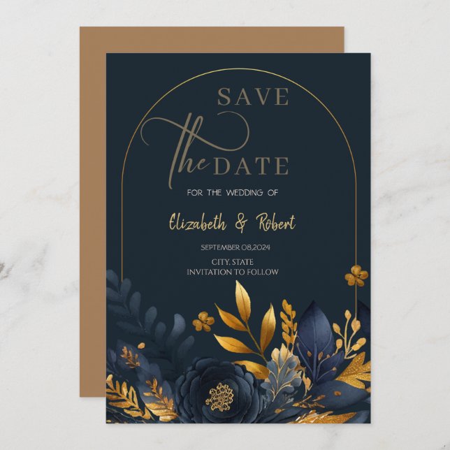 Save The Date Fleurs Bleues Marine Feuilles d'or plat Enregistre (Devant / Derrière)