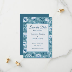 Save The Date Fleurs bleues sur fond bleu turquoise