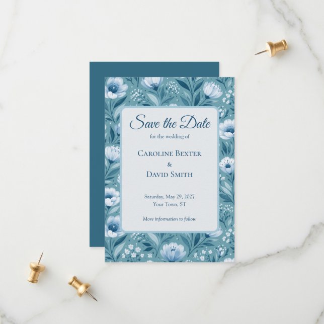 Save The Date Fleurs bleues sur fond bleu turquoise (Devant/Arrière en situation)