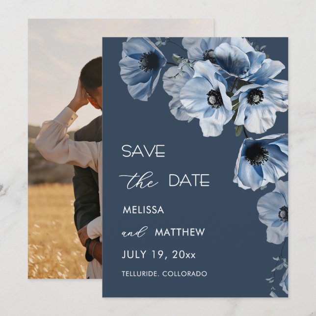 Save The Date Fleurs Bleues Transparentes Brillantes Arcées (Devant / Derrière)