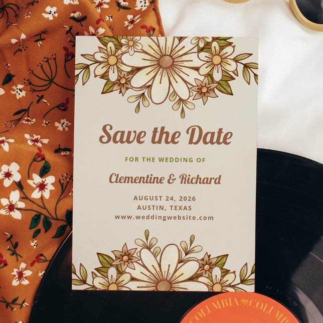 Save The Date Fleurs Boho Retro | MARIAGE (A retro-inspired wedding save the date card with vintage style flowers and typography)