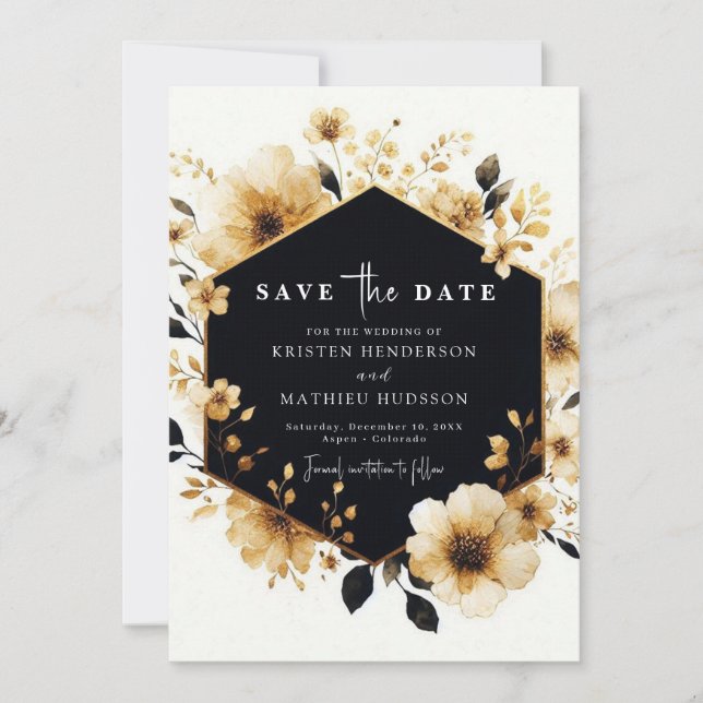 Save The Date Fleurs botaniques Mariage or et noir (Devant)