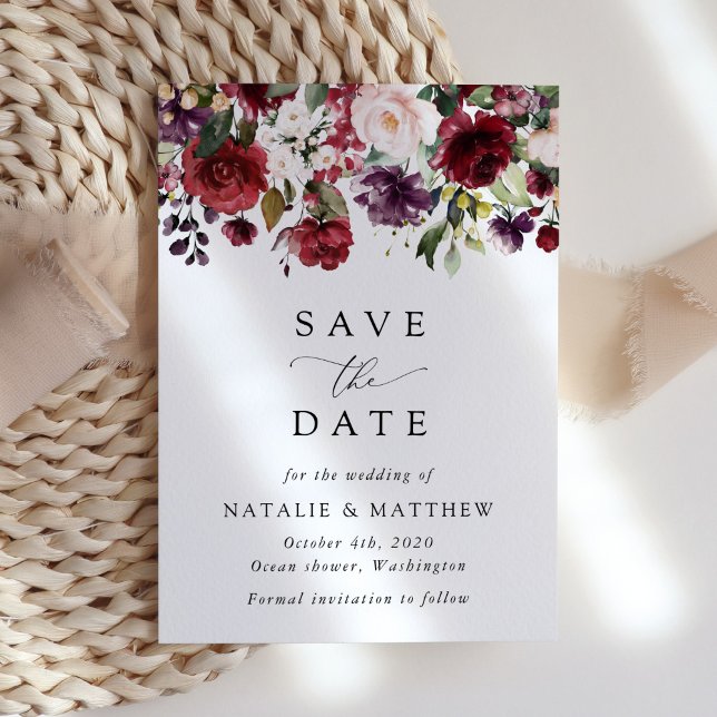 Save The Date Fleurs Bourgogne, Fleurs roses, Verdure, Mariage (Créateur téléchargé)