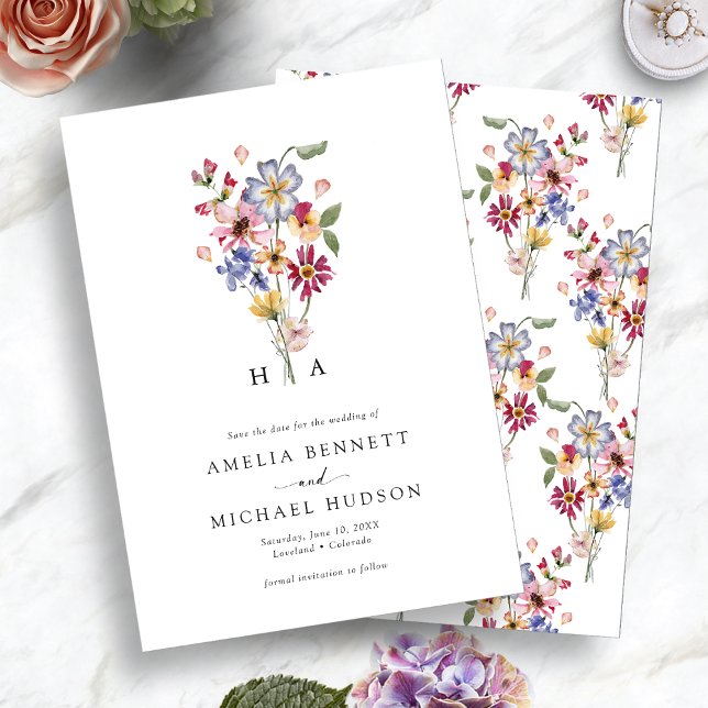 Save The Date Fleurs colorées Monogrammées (Colorful Monogrammed Floral Save The Date by Painted Paperie
)