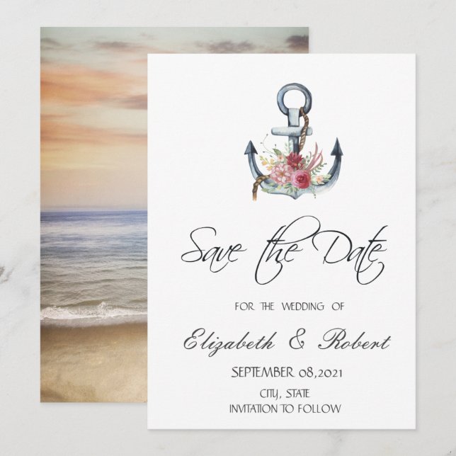 Save The Date Fleurs d'ancre à l'aquarelle Nautique Enregistrer  (Devant / Derrière)