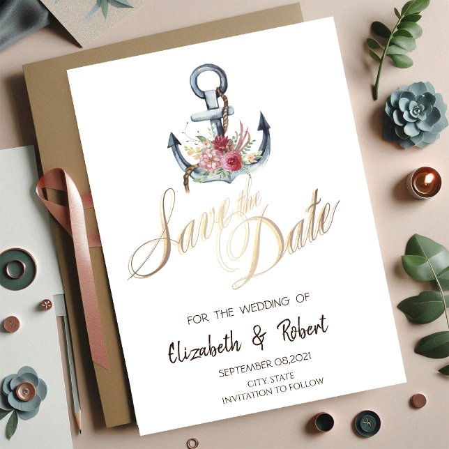 Save The Date Fleurs d'ancre à l'aquarelle Nautique Enregistrer  (Créateur téléchargé)