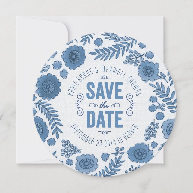 Save The Date Fleurs d'aquarelle bleu Delft Enregistrer la date (Devant)