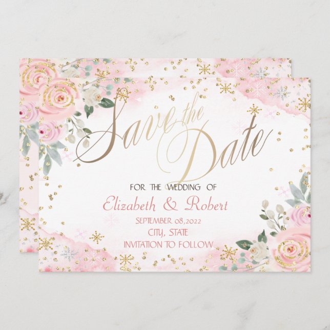 Save The Date Fleurs d'aquarelle chic Snowflakes (Devant / Derrière)
