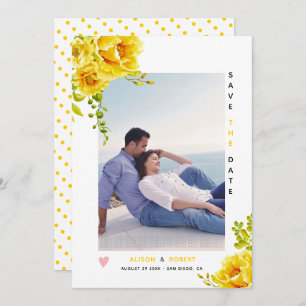 Save The Date Fleurs d'aquarelle jaune, feuilles verts et photo