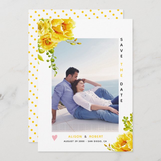 Save The Date Fleurs d'aquarelle jaune, feuilles verts et photo (Devant / Derrière)