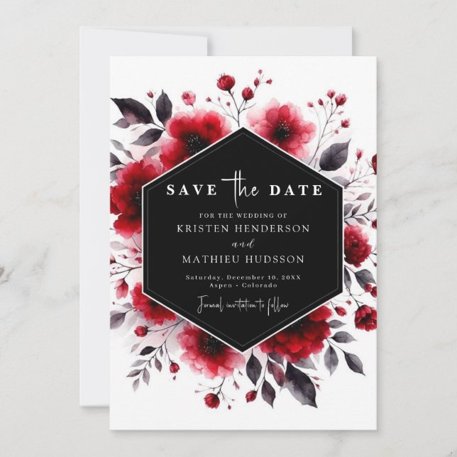 Save The Date Fleurs d'aquarelle uniques Mariage rouge Crimson (Devant)