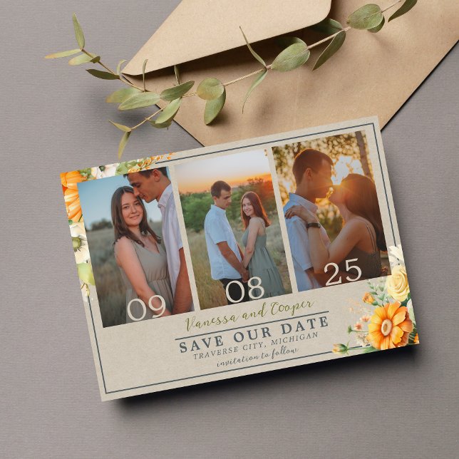 Save The Date Fleurs d'automne Floral Vert Orange Mariage (Créateur téléchargé)