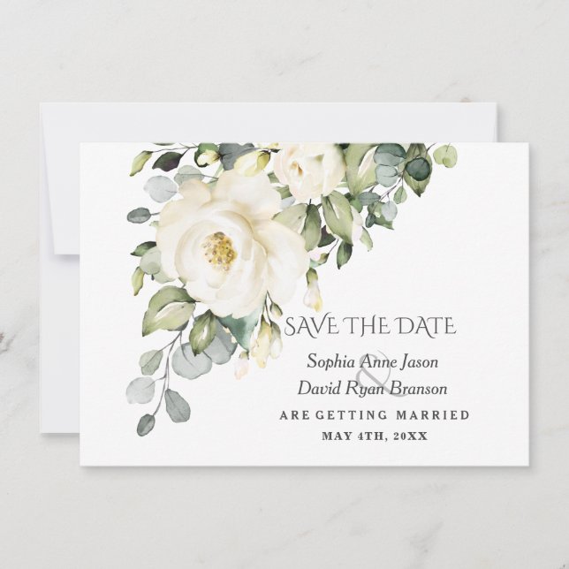 Save The Date Fleurs de aquarelle blanches de charme Fleurir Mar (Devant)