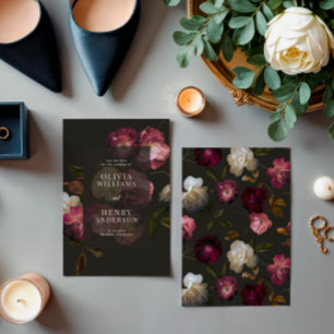 Save The Date Fleurs de Bourgogne foncé Élégant Romantique Noir