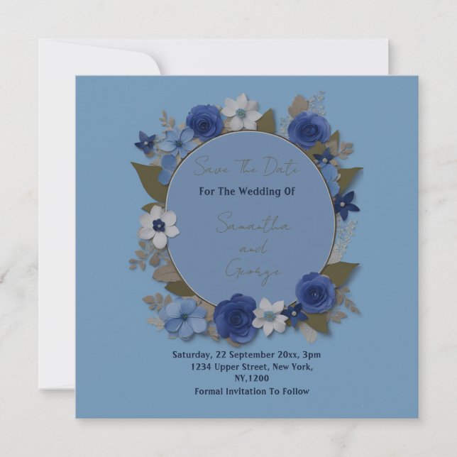 Save The Date Fleurs de cercle de mariage élégant argent marine (Devant)