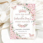 Save The Date Fleurs de cerise Rose Beurre d'or doux 16<br><div class="desc">Personnalisez cette jolie floraison de cerisiers Quinceañera / Sweet 16 anniversaire enregistrer la date facilement et rapidement. Cliquez simplement sur le bouton customiser pour modifier les textes, modifier les polices et les couleurs des polices. Avec de belles fleurs de cerisiers aquarelles, des papillons d'or rose et un cadre géométrique or...</div>