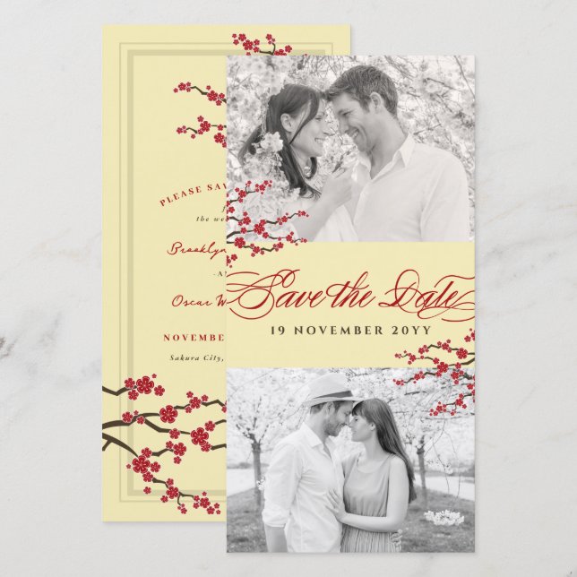Save The Date Fleurs de cerisier rouges Fleurs de Sakura asiatiq (Devant / Derrière)