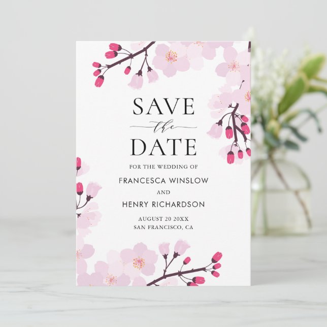 Save The Date Fleurs de cerisiers roses Whimsical Botanique (Debout devant)