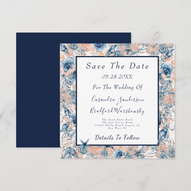 Save The Date Fleurs de coquillages marins Mariages nautiques (Devant / Derrière)