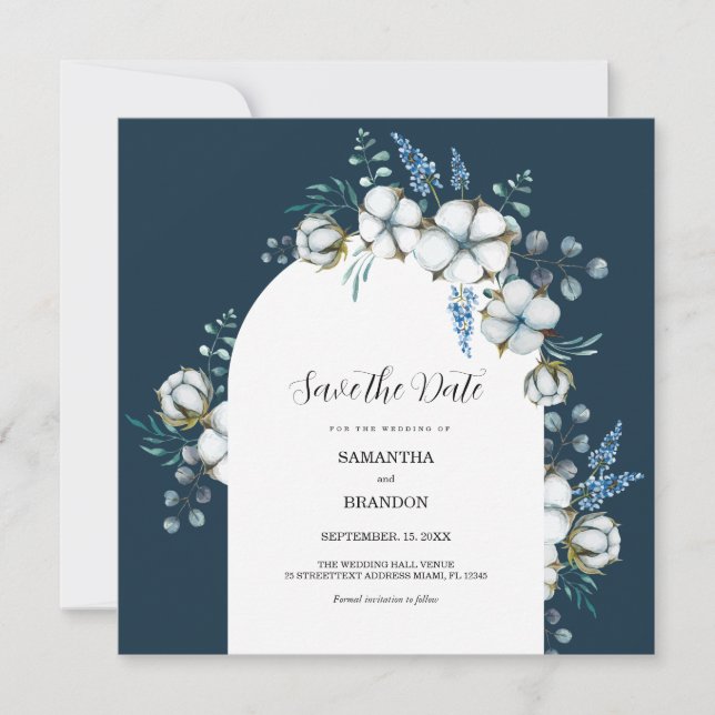 Save The Date Fleurs de coton et eucalyptus (Devant)
