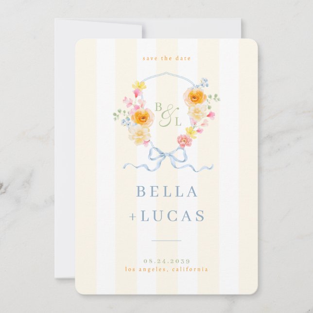 Save The Date Fleurs de crête à rayure jaune Monogramme Mariage  (Devant)