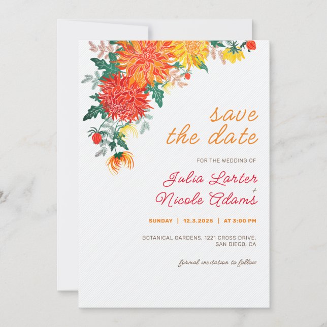Save The Date Fleurs de Dahlia de mariage Jaune Orange Pastel Pr (Devant)