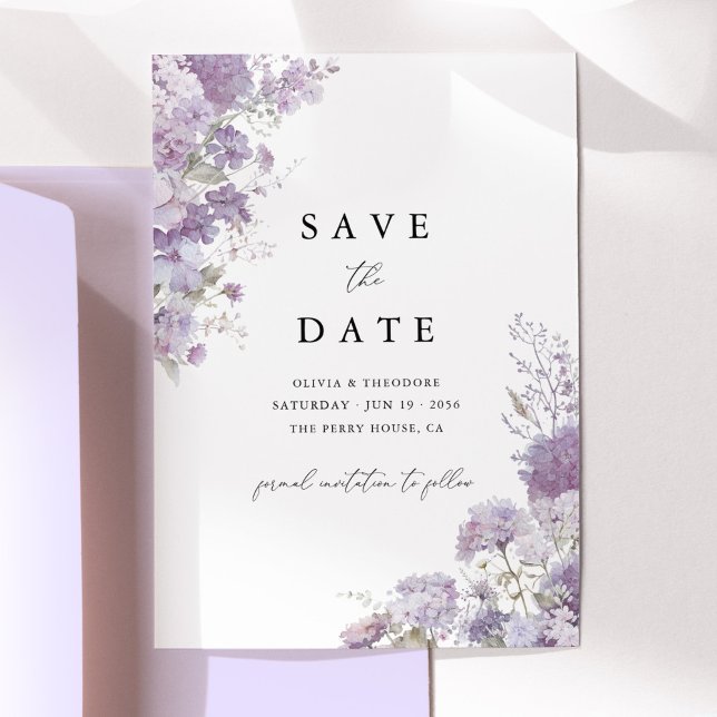 Save The Date Fleurs de Lavande Élégantes Mariage Date à Réserve (Lavender floral save the date card with watercolor hydrangea, elegant lilac wedding stationery)