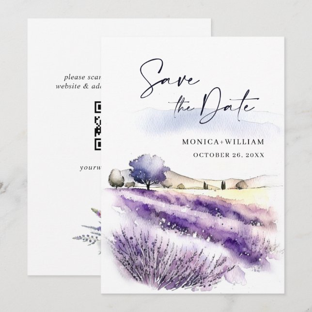 Save The Date Fleurs de lavande violette à l'aquarelle Champ Mar (Devant / Derrière)