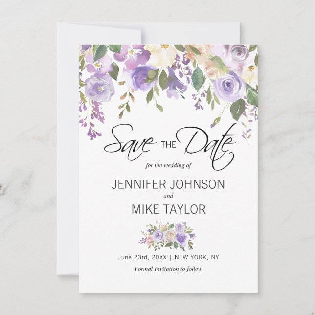 Save The Date Fleurs de lilas violet lavande mariage (Devant)
