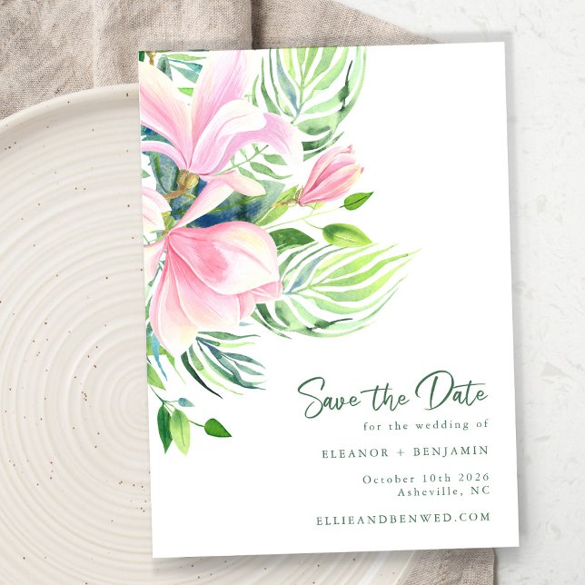 Save The Date Fleurs de magnolia à l'aquarelle chic en rose  (Créateur téléchargé)