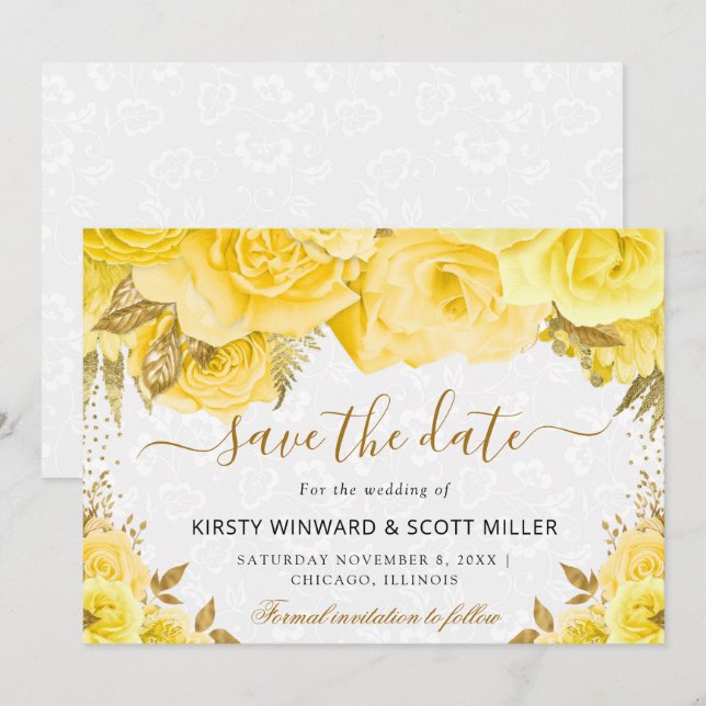 Save The Date Fleurs de mariage à l'aquarelle jaune et or (Devant / Derrière)
