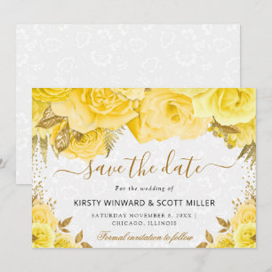 Save The Date Fleurs de mariage à l'aquarelle jaune et or