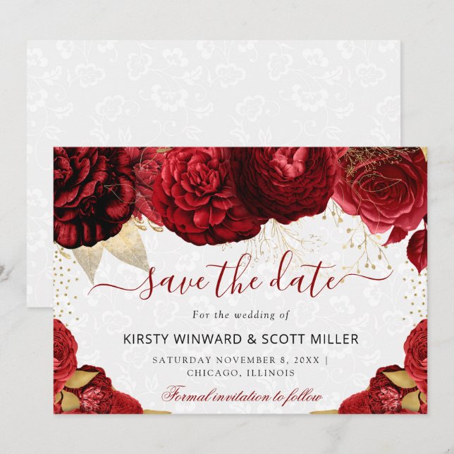 Save The Date Fleurs de mariage à l'aquarelle rouge et or (Devant / Derrière)