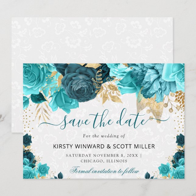 Save The Date Fleurs de mariage à l'aquarelle sarcelle et or (Devant / Derrière)