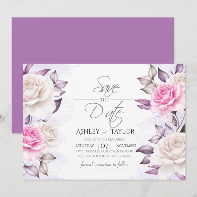Save The Date Fleurs de mariage à l'aquarelle violet et rose (Devant / Derrière)