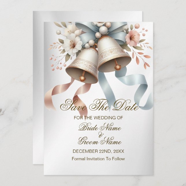 Save The Date Fleurs de mariage cloches rubans bleu rose (Devant / Derrière)
