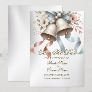 Save The Date Fleurs de mariage cloches rubans bleu rose