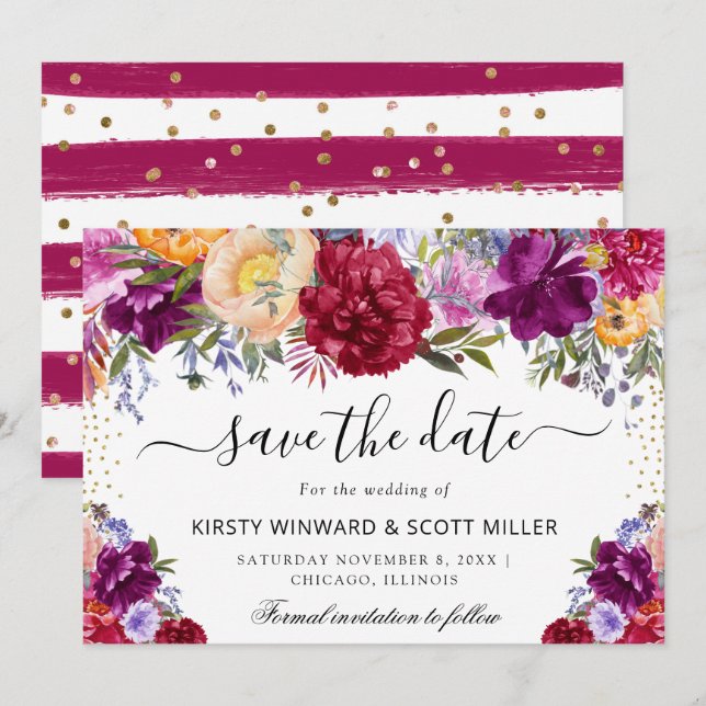 Save The Date Fleurs de mariage d'été violettes et rouges (Devant / Derrière)