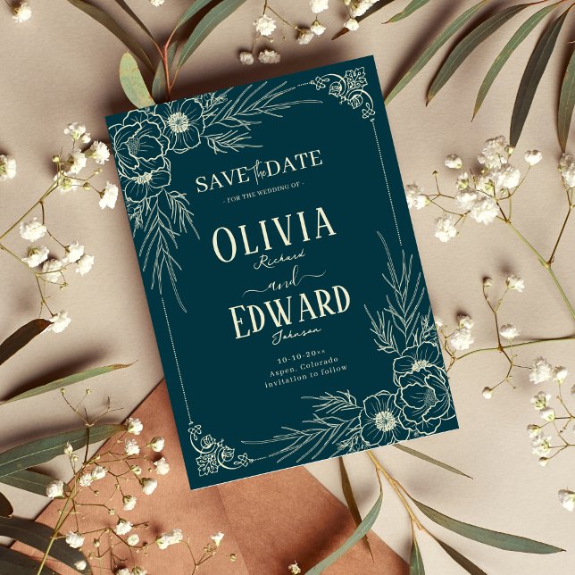 Save The Date Fleurs de mariage élégant cadre doré (Créateur téléchargé)