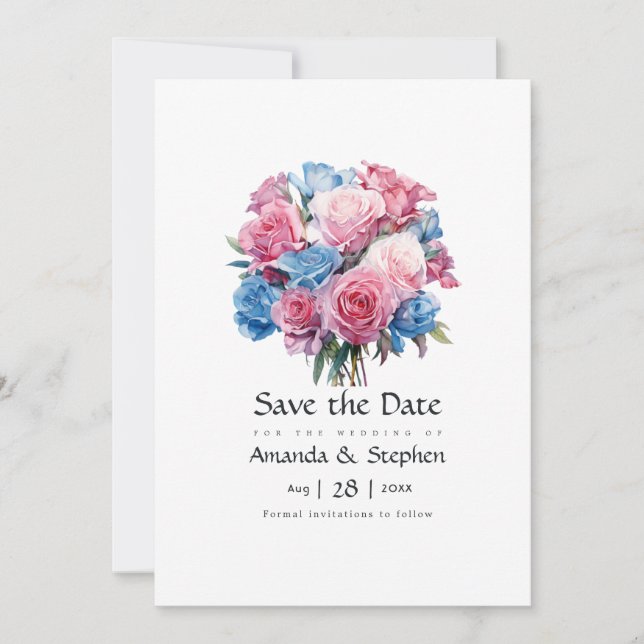 Save The Date Fleurs de mariage florales rose et bleu (Devant)