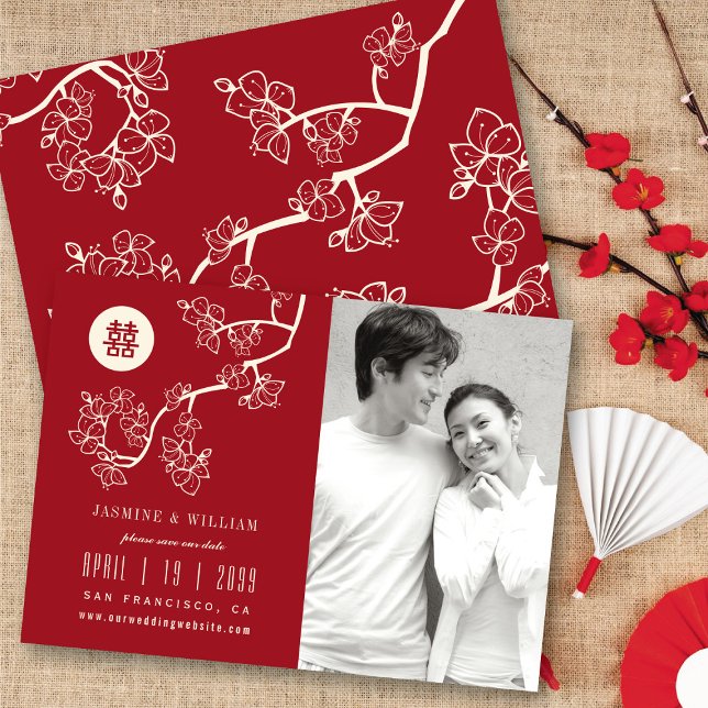 Save The Date Fleurs de Pêcher Rouge Double Bonheur Chinois Phot (Red/Ivory Peach/Plum Blossoms Chinese Double Happiness Photo Save The Date Card @ fatfatin_red_knot)