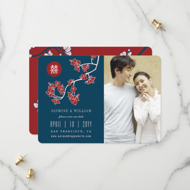 Save The Date Fleurs de pêcher rouges Chinoises Double Bonheur P (Devant/Arrière en situation)