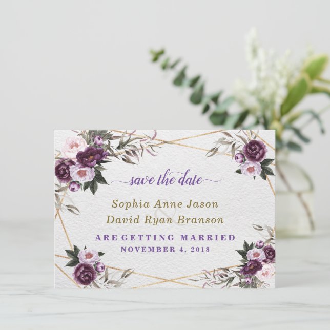 Save The Date Fleurs de pivoine rose violet délicat Mariage or (Debout devant)