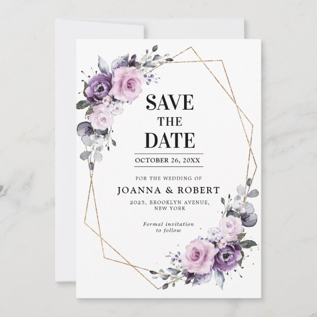Save The Date Fleurs de poussiéreux pourpre Blooms mariage géomé (Devant)