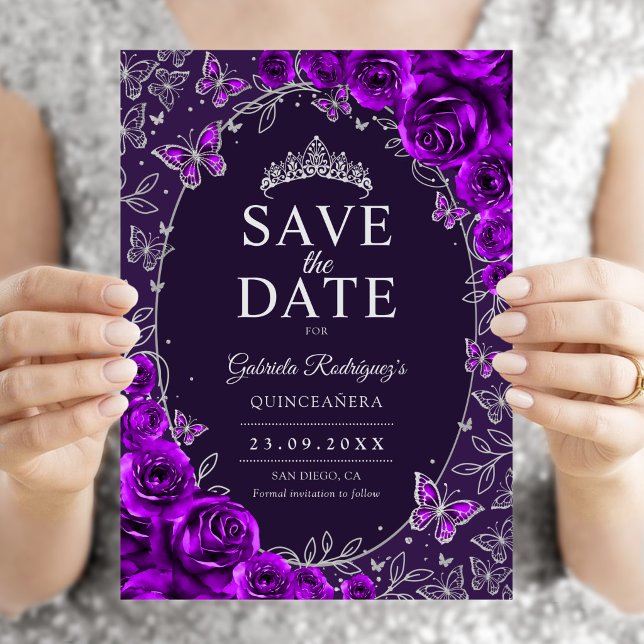 Save The Date Fleurs de Quinceanera argent pourpre (Créateur téléchargé)