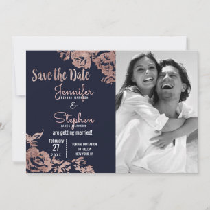 Save The Date Fleurs de rose doré et bleu marine pour le carton 