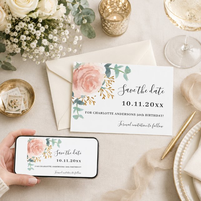 Save The Date Fleurs de rose en or verdure anniversaire Enregist (Créateur téléchargé)